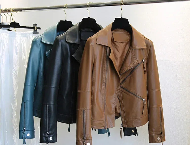Spring Autumn Vintage Faux Leather Jacket Women Brown Moto Biker  Leather Coats Casual Street Wear Zipper PU Basic Outwear