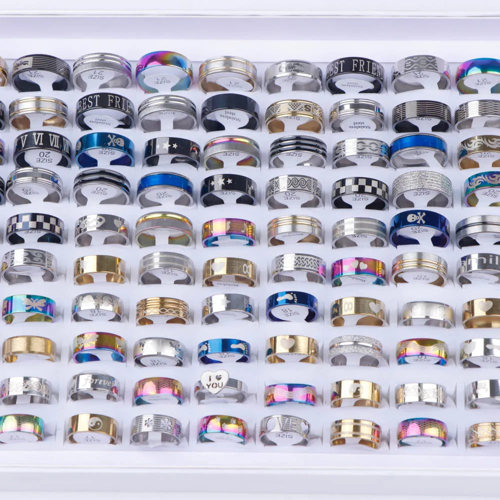 10/20/30/50Pcs Classic Fashion Stripe Hollow Colorful Sticker Stainless Steel Ring Trend Women Jewelry Party Decoration Gift