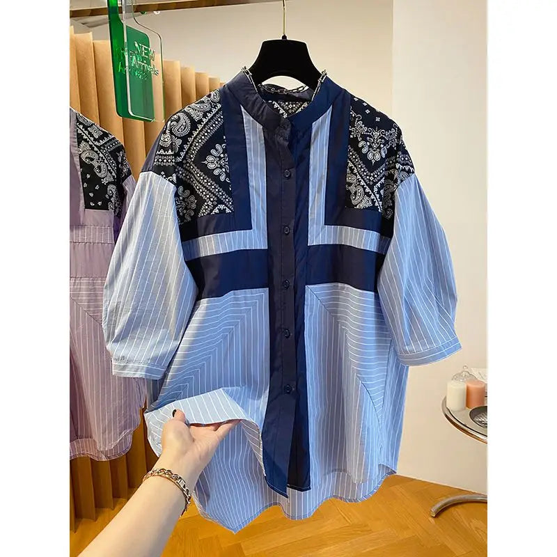 Striped Short-sleeved Shirt Women 2025 Summer Autumn New Stitching Printed Cotton and Linen Retro Loose Casual Blouses Top Freshlook Styles