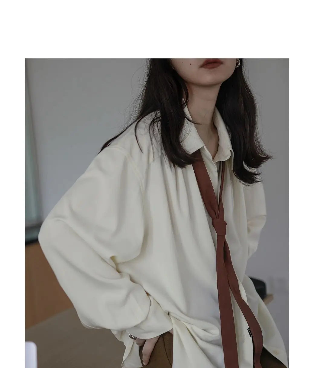 2025 Summer Minimalist Long Sleeve Button Up Shirt Women Korean Style Solid Tie Oversize Shirts Blouse Loose Clothes Autumn Tops
