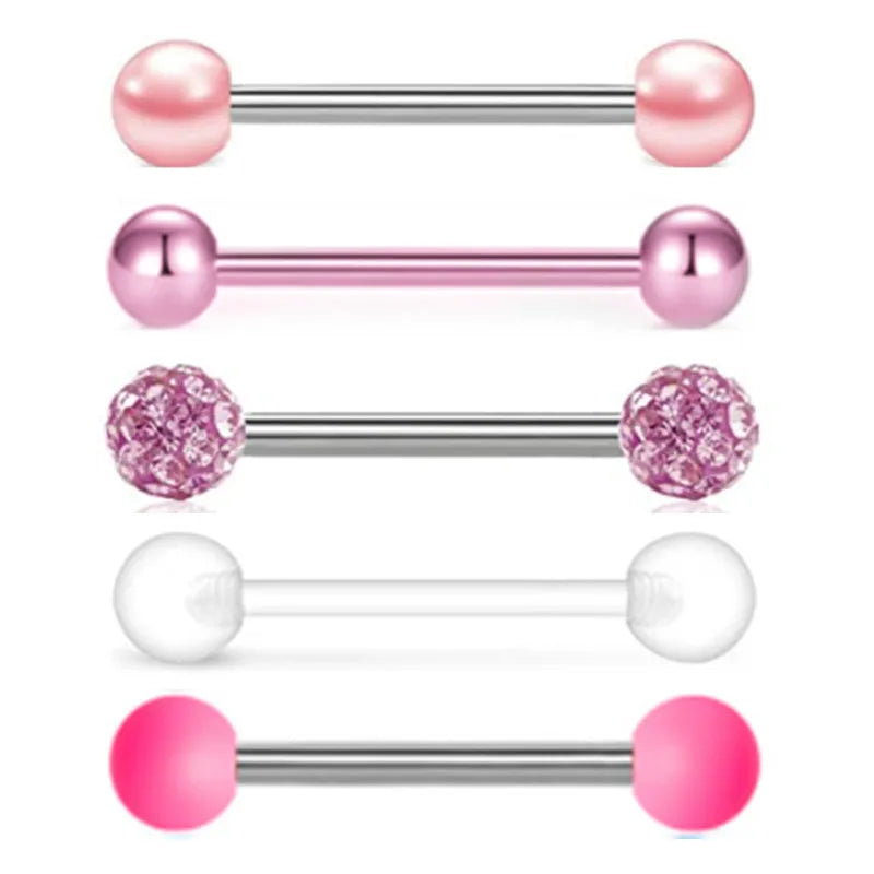 5PCS Acrylic Tongue Piercing Barbell Set Stainless Steel Glitter Tongue Rings Lot 14G Nipple Piercing Bar Bulk Piercing Langue