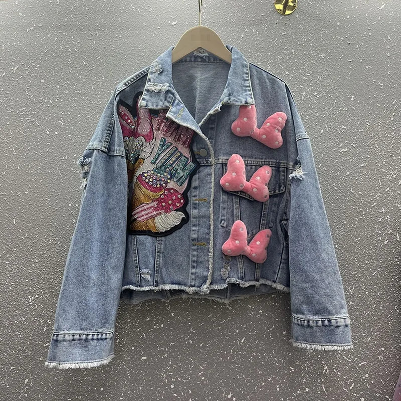 2024 New Women Coat Cartoon Sticker Embroidered Sequin Short Denim Jacket Loose Bowknot Top