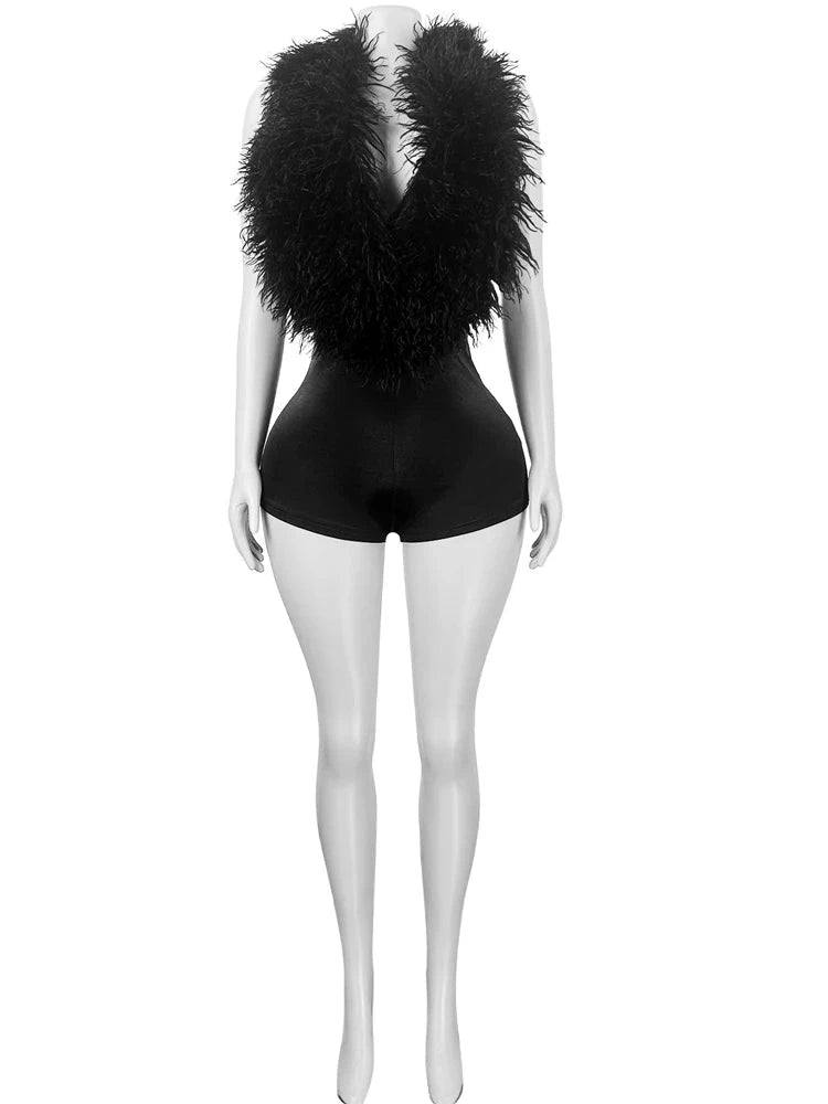 Kricesseen Hot Women's Halter Neck Feather Playsuits One Piece Outfits Summer Sexy Backless Furry Jumpsuits Night Club Outfits Viralgem Store