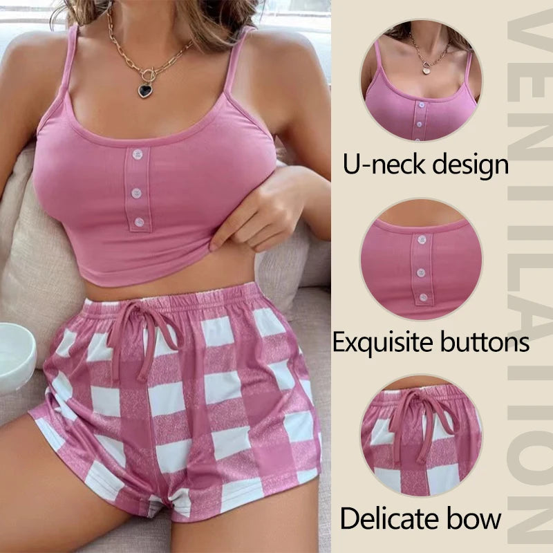 2 PCS Women Pajamas Sleepwear Pajama Set Short-Sleeved Shorts Suit M L Pink Plaid Print Floral Waist Pyjamas Ventilate Comfort