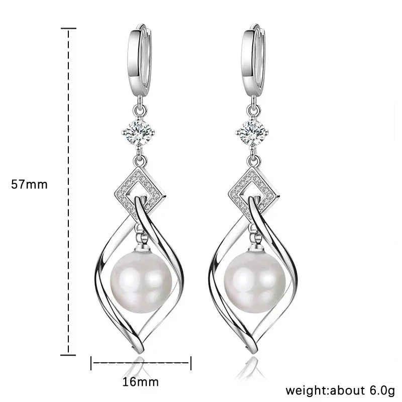 925 Sterling Silver Crystal Zirconia Natural Pearl Earrings, Women's Fashion Gorgeous Wedding Engagement Party Jewelry