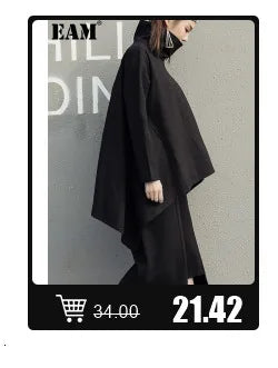 [EAM] Loose Fit Black Denim Big Size Sweatshirt New High Collar Long Sleeve Women Big Size Fashion Spring Autumn 2024 1K166