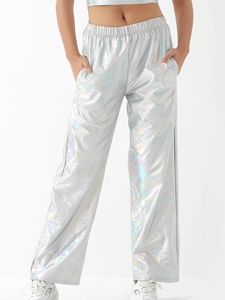 Women Adult Shiny Straight Leg Pants Casual High Waist Metallic Pants Super Long Holographic Pants Disco Bottoms Viralgem Store
