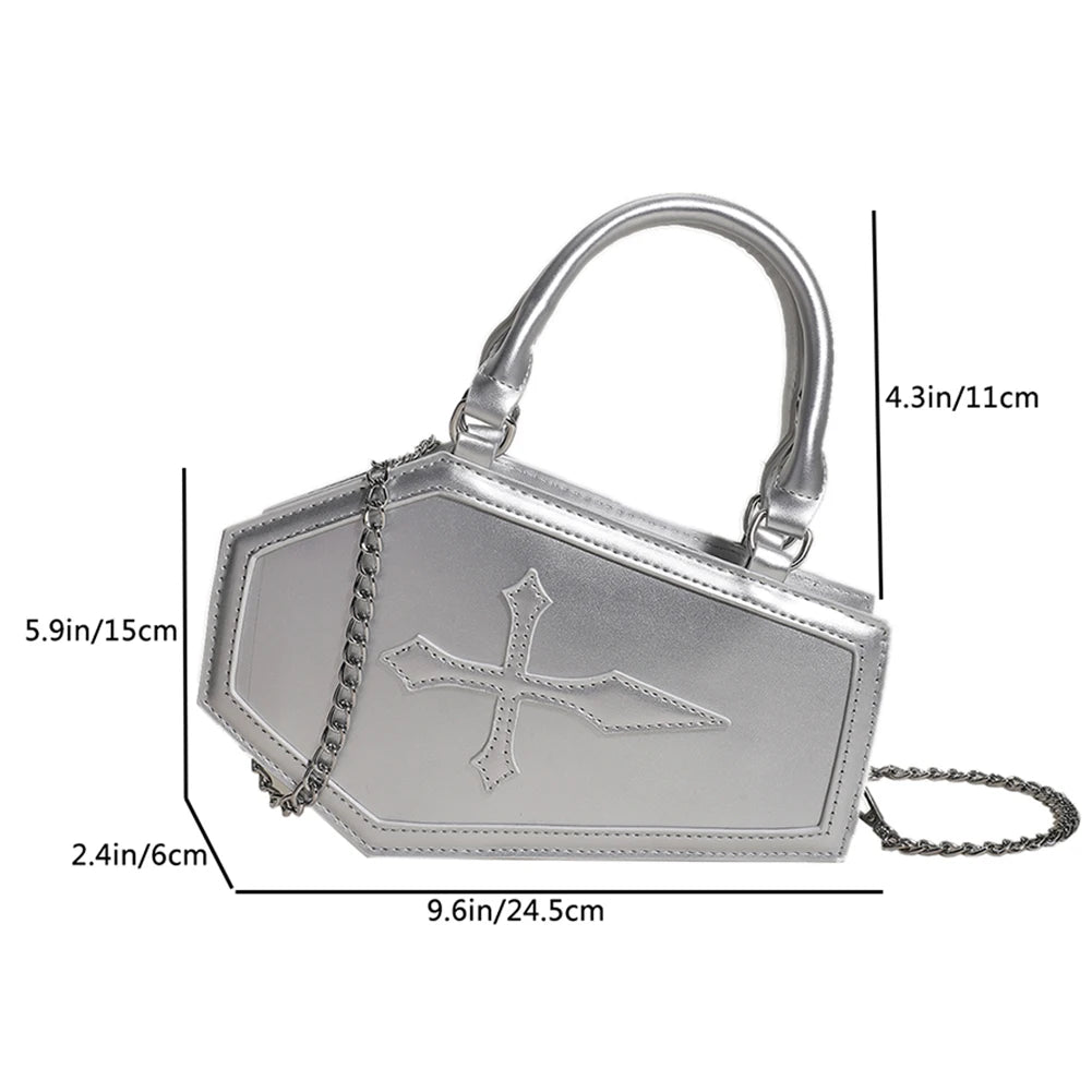 Women Crossbody Bag Large Capacity Coffin Shape Phone Shoulder Bag Halloween PU Top Handle Bag for Travel Make Up Cosmetic Bag