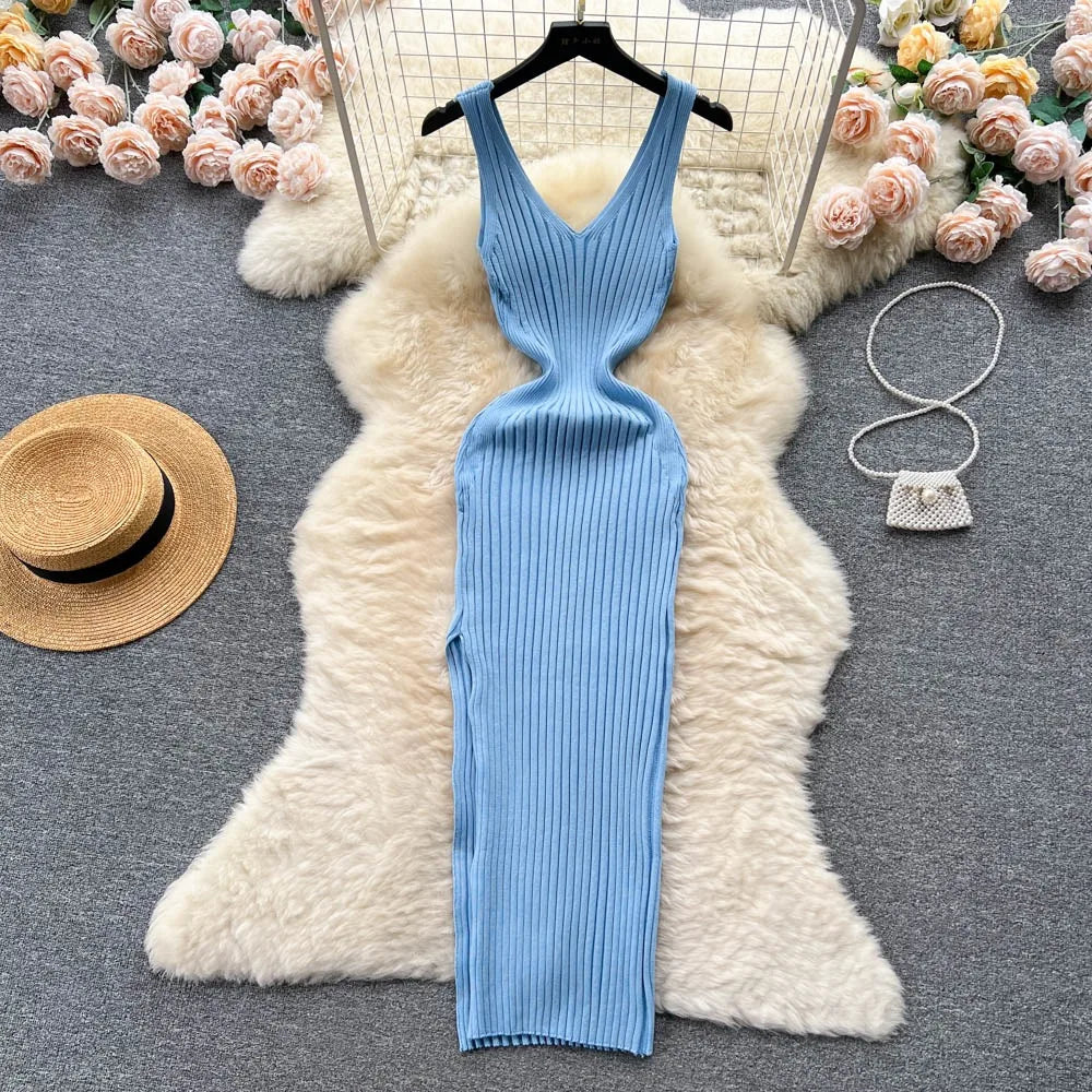Women V Neck Solid Ribben Knitted Dresses Casual All Match Slimple Sexy Package Hips Bodycon Dress Elegant Vestidos Streetwear Viralgem Store