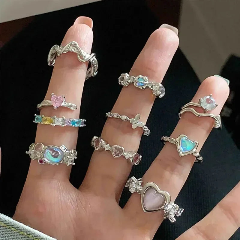 Adjustable Crystal Rings Y2K Pink Irregular Geometry Vintage Bowknot Heart Ring Set for Women Girl 2023 New Fashion Jewelry Gift Viralgem Store