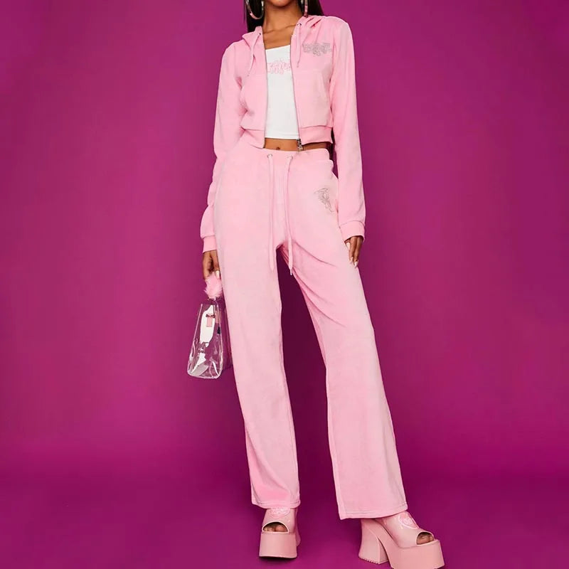 Vintage pink Zip-up Hoodie Women Velvet Tracksuit BRATZ letter print  Short hoodie casual Punk E-girl sweatshirt y2k aesthetic