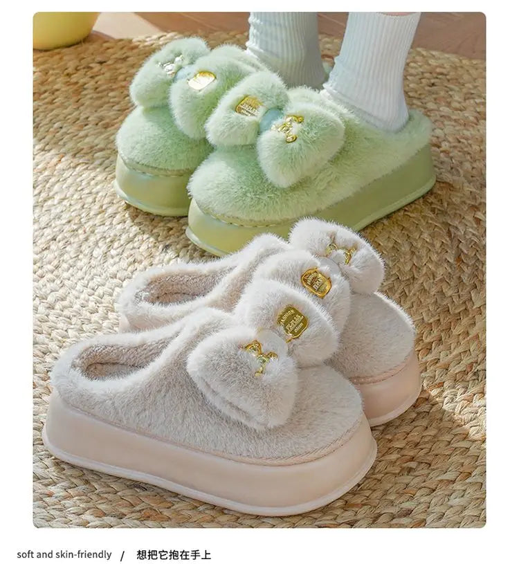 8 cm High platform fur slippers women's winter fluffy ear home shoes woman white bunny rabbit slippers woman house clog shoes