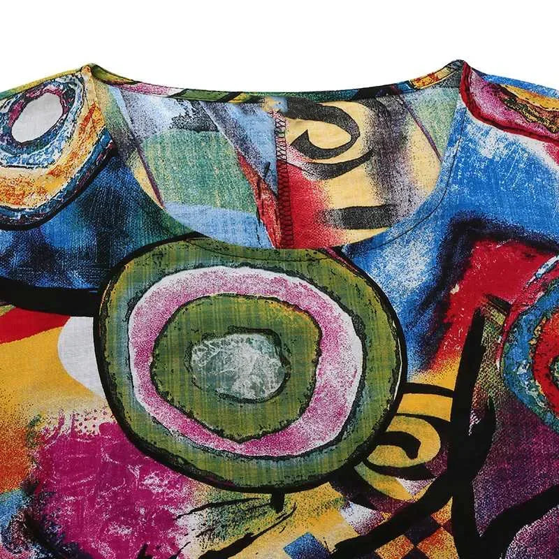 2024 New Short Sleeve Long Retro Print Dress Pocket Large Casual Dress