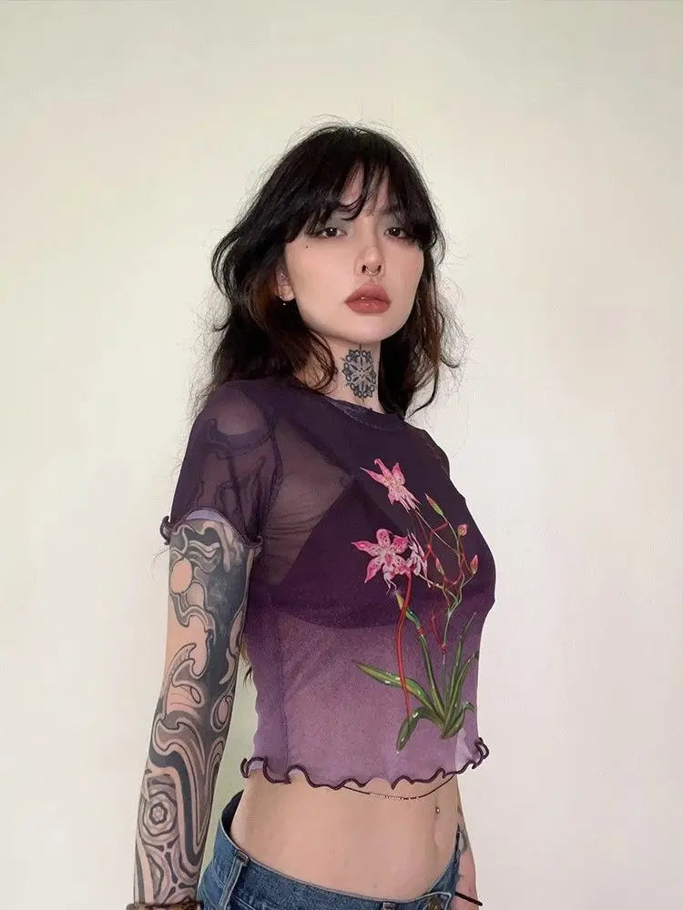 Yedinas Summer Crop Top Mesh Tops Short Sleeve Purple T Shirt Women Clothes Sheer See Through Gothic Floral Tees Y2k Chic Tshirt