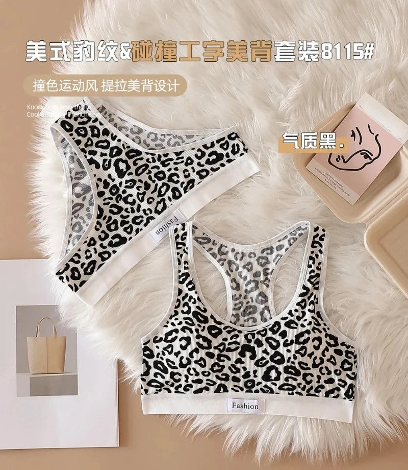 Women Seamless Bra Set Low Waist Panties Leopard Bralette Sexy Lingerie Set Vneck Sport Brassiere Female Cotton Underwear Set