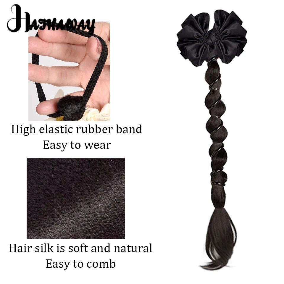 20 Inch Ponytail Female Bow Bubble Braid Synthetic High Elastic Rubber Band Design Additional Korean Twist Fake Braid Ponytail