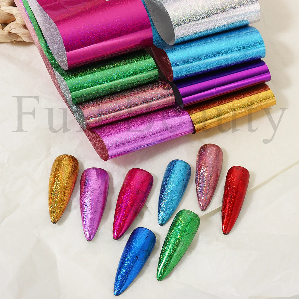 10Pcs Hologram Transfer Foil Nails Laser Stars Holographic Nail Stickers Mermaid Tail Sliders Metallic Gel Polish Wraps NLXKY01