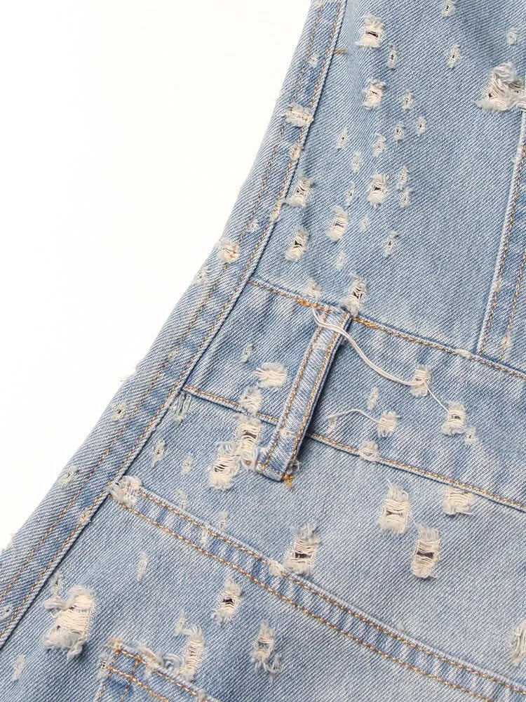 TWOTWINSTYLE Denim Hollow Out Dresses For Women Round Neck Sleeveless Tunic Patchwork Pockets Vintage Dress Female Fashion Style