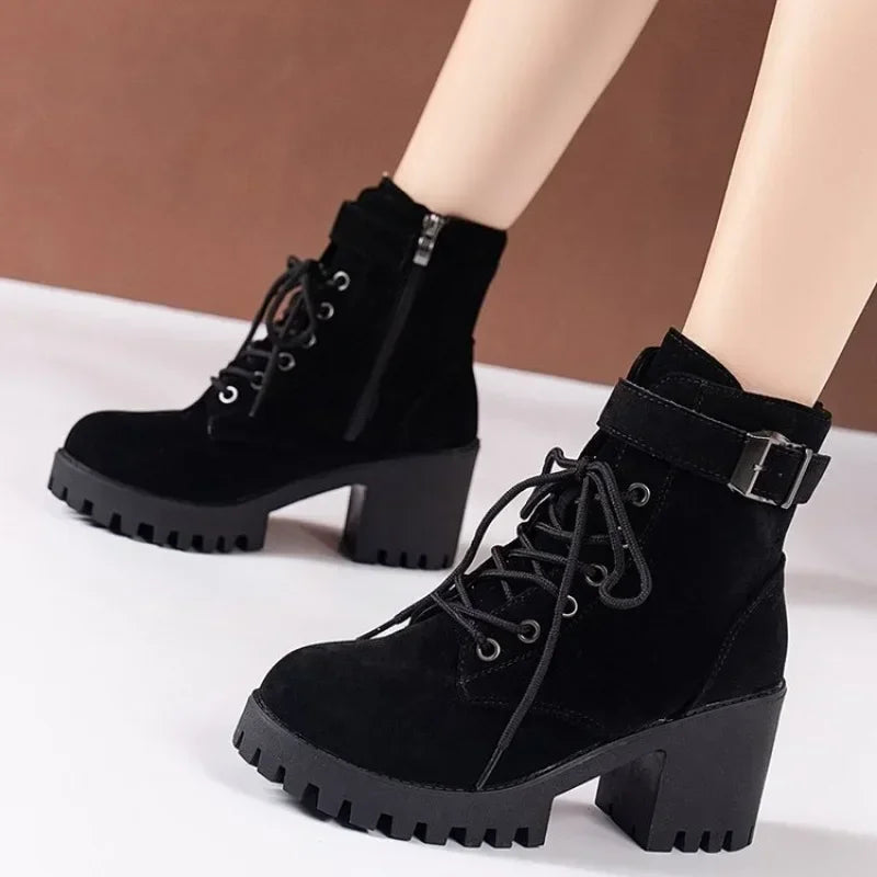 2024 New Winter  High Heeled Women Boots Cross Straps Short Boots Comfortable Waterproof Boots Warm Plus Size 42 Botas Femininas Viralgem Store