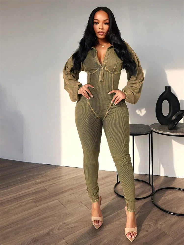 Weird Puss Washed Distressed Jumpsuit Women Ribbed V-Neck Solid SKinny Long Sleeve Fall Casual Trend Simple Activity Streetwear Viralgem Store