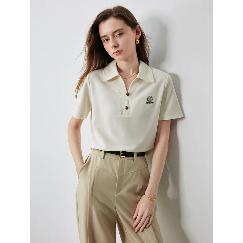 TOYOUTH Women Letter T-shirt 2024 Summer New POLO Collar Top Viralgem Store