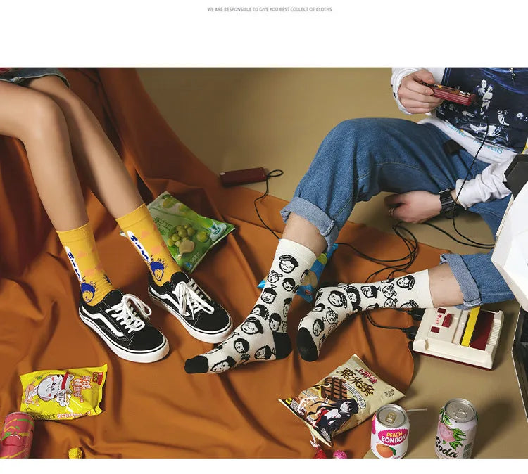 5 Pairs Personality Tide Socks Graffiti Socks Funny Korean Version Sports Couple Socks Harajuku Style Colorful Cute Flower Socks