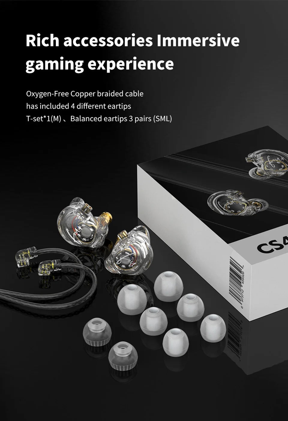 TRN CS4 HIFI IEMs 10mm Dynamic Driver Earphones In-Ear Monitor Headphones Gaming Headset Sports Earbuds with Detachable Cable