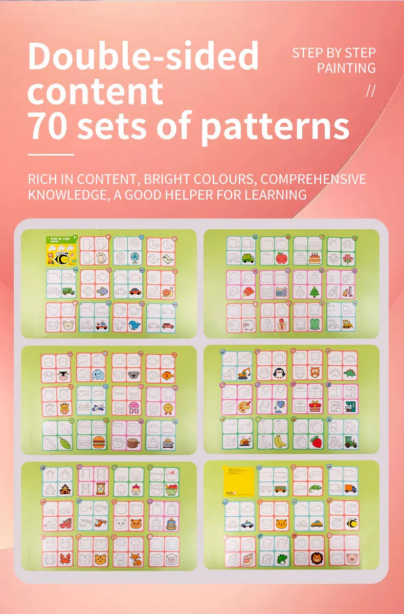 70 Patterns Step-By-Step Learning Simple Drawing Card Book, Reusable Graffiti Set, Cartoon Educational Line Drawing Introductory Enlightenment, Kindergarten Art Activity Teaching Aids, Drawing Skills and Pen Control Training