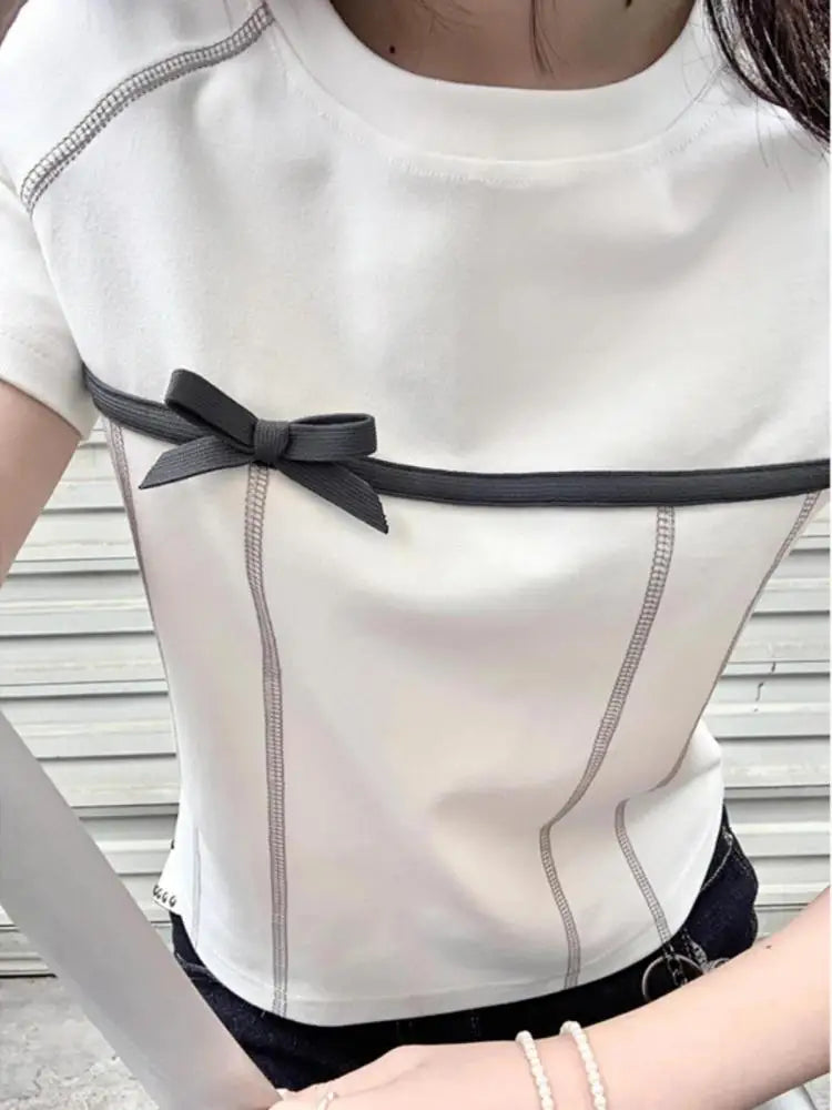 Yedinas High Quality Cotton T Shirt Women Clothes Korean Fashion Summer Tops Short Sleeve Bow Bright Line Decoration Tees Y2k