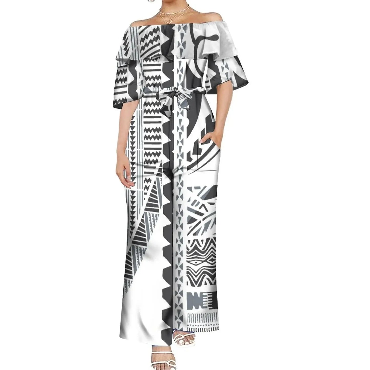 Drop Shipping Custom Polynesian Off Shoulder Frill Women One Piece Rompers Lace Up Oversized Jumpsuit With Belts Viralgem Store