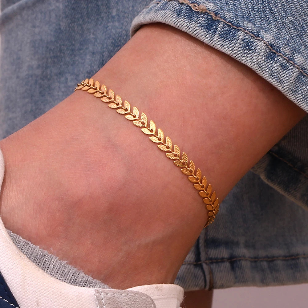Stainless Steel 18K Gold Plated Waterproof Steric Leaf Chain Necklace Bracelets Anklets Jewelry Set Golden Jewelry For Women