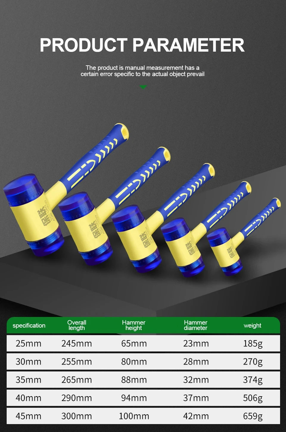 25/30/35/40/45mm Rubber Hammer Double Faced Work Glazing Window Nylon Hammer with Round Head and Non-slip Handle DIY Hand Tool