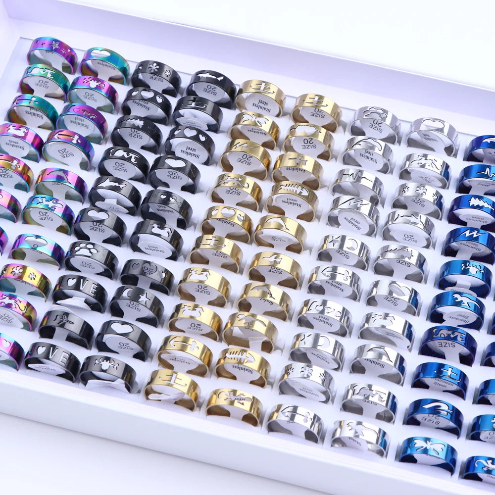10/20/30/50Pcs Classic Fashion Stripe Hollow Colorful Sticker Stainless Steel Ring Trend Women Jewelry Party Decoration Gift