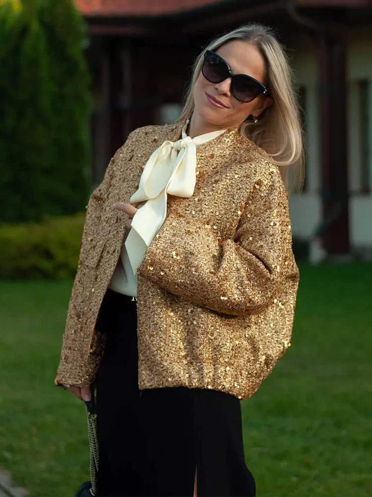 TRAFZA Women Trend Gold Sequin Decoration Loose Short Jacket Woman New Fashion Coat Versatile Warm Chic And Elegant Female Coats Viralgem Store