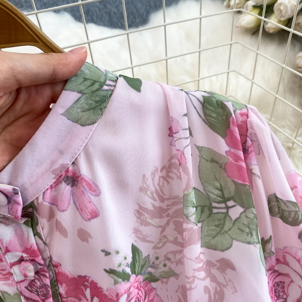 Spring Autumn Women Floral Chiffon Long Dress Vintage Purple/Pink/Black/Beige Stand Collar Single Breasted Maxi Robe Elegant New Viralgem Store