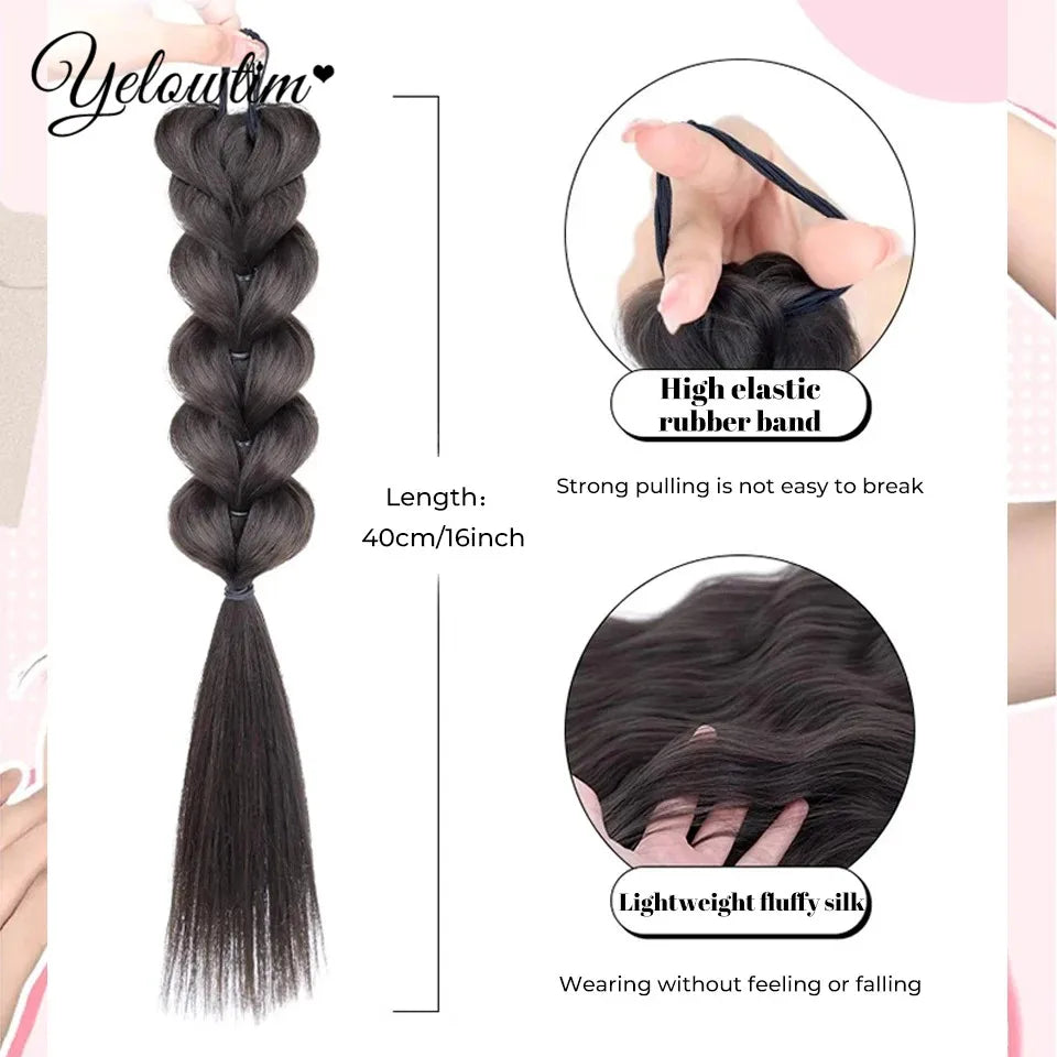 YELOWTIM Synthetic Long Claw Clip On Bow Braid Ponytail Hair Extensions Heat Resistant Pony Tail Hair piece For Women Daily Part