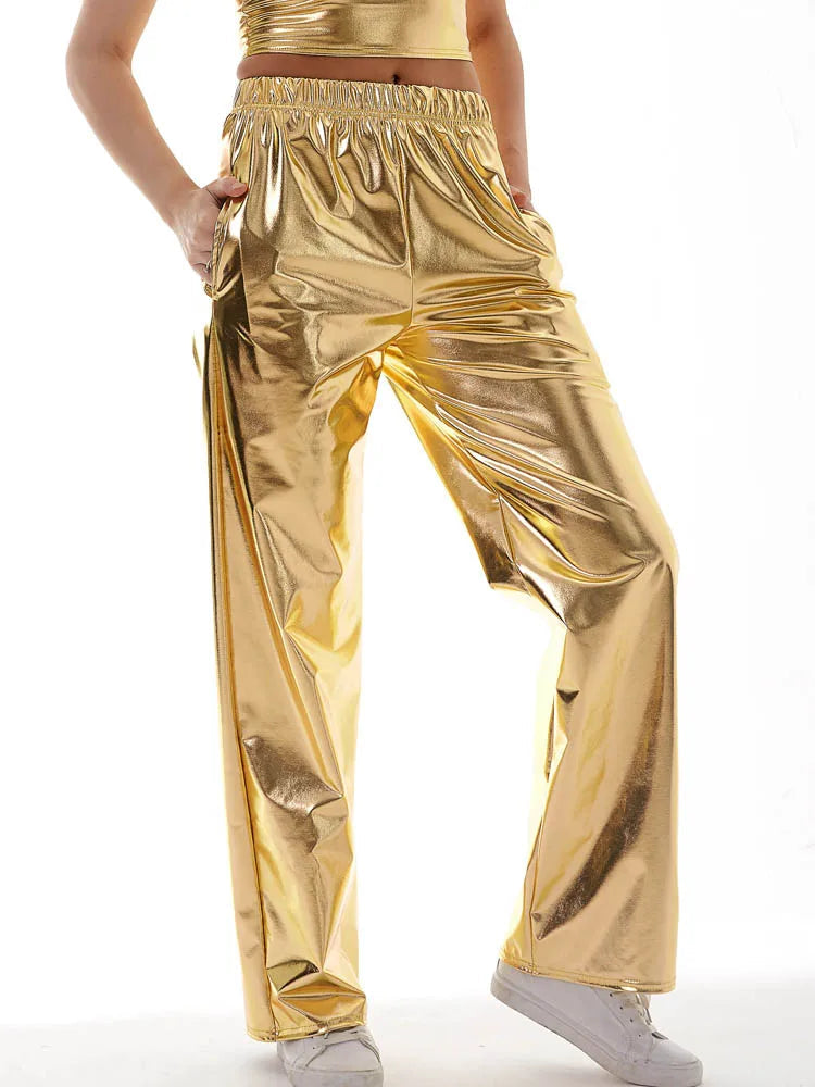 Women Adult Shiny Straight Leg Pants Casual High Waist Metallic Pants Super Long Holographic Pants Disco Bottoms Viralgem Store