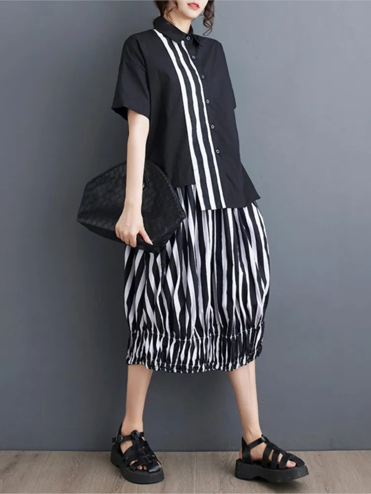 Summer Striped Print 2 Two Piece Set Women Irregular Patchwork Fashion Ladies Cropped Shirts Loose Casual Pleated Woman Skirts Viralgem Store
