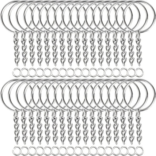 30pcs Silver Plated Metal Blank Keyring Keychain Split Key Ring with Chain Climbing Buckles Carabiner Keychain Rings Accessories