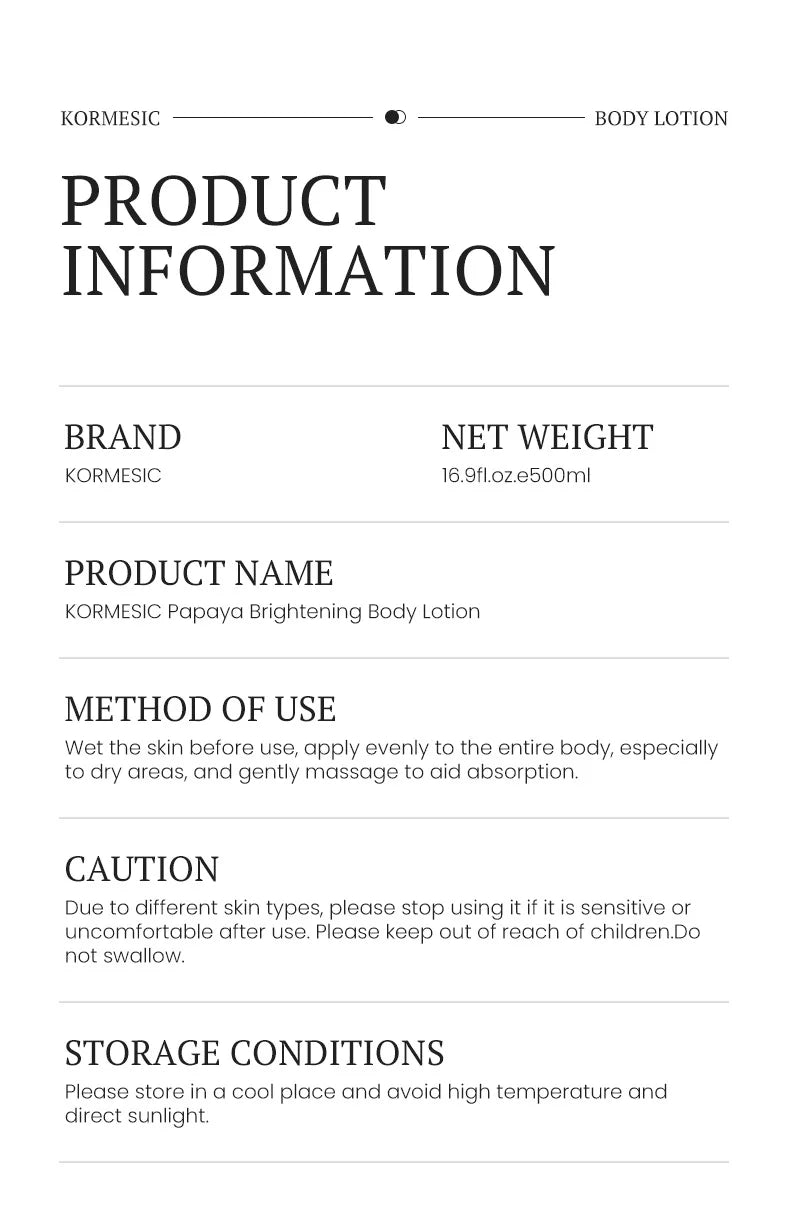 500ML KORMESIC Papaya Body Lotion Cream Moisturising Exfoliating Leg Arm Nourishing Anti Smooth Skin Care Viralgem Store