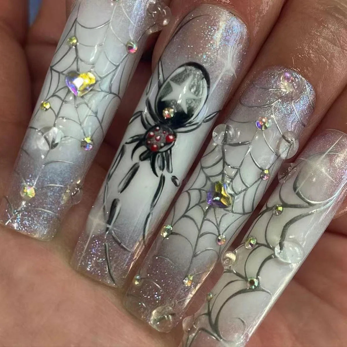24pcs Sliver Spider Design Fake Nail Halloween Gothic Punk False Nail Tips Wearable European Heavy Metal Almond Press on Nails