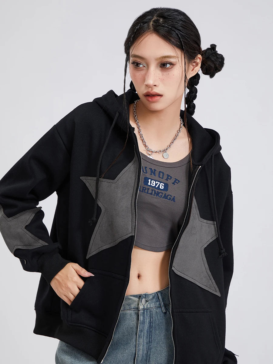 Women's Y2k Zip Up Hoodies Star Print Long Sleeve Graphic Hooded Jacket Aesthetic Oversized Coat Harajuku Streetwear