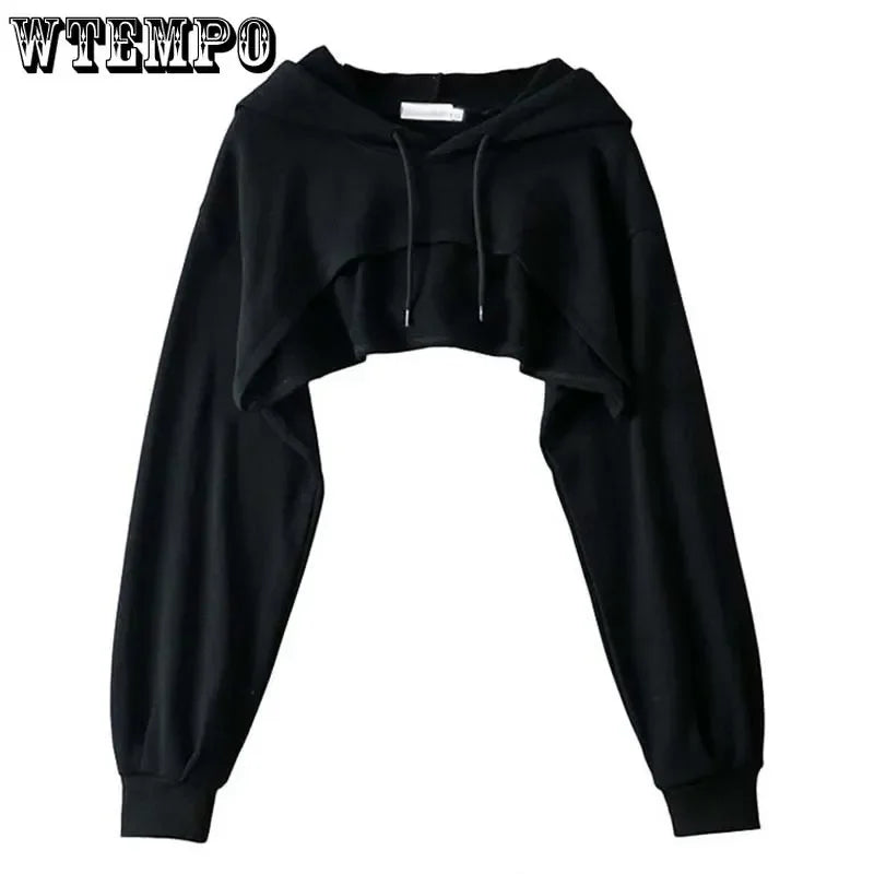 WTEMPO Women Sexy Drawstring Hooded Sweatshirts Long Sleeve Pullover Hoodie Super Crop Top Hoody Sweatshirts Viralgem Store