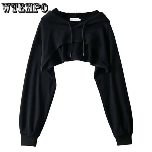 WTEMPO Women Sexy Drawstring Hooded Sweatshirts Long Sleeve Pullover Hoodie Super Crop Top Hoody Sweatshirts Viralgem Store