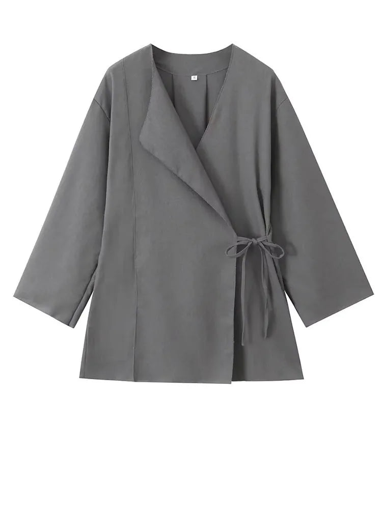 [EAM] Big Size Gray Jacket Wide Leg Pants Two Piece Suit New V-Neck Long Sleeve Women Fashion Tide Spring Autumn 2024 1DH6481