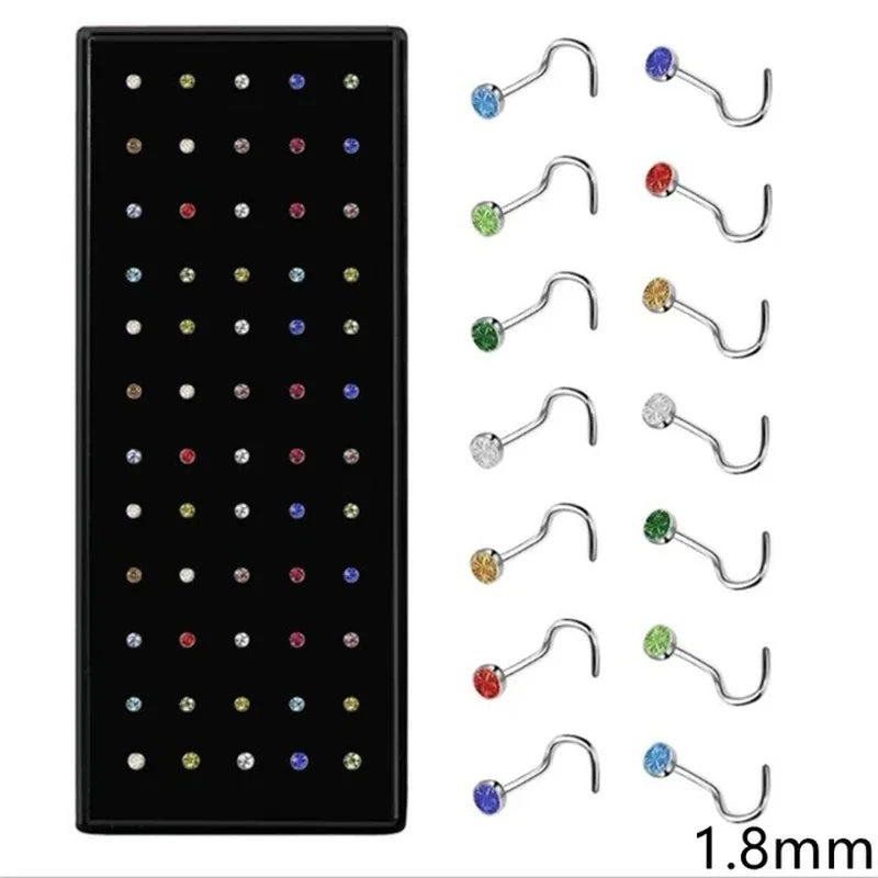 40/60Pcs Straight Nose Stud Curved Pack Crystal Nose Ring Set Stud Lot Nariz Nase Pircing Nose Ring Set Bend Piercing Non-Pack