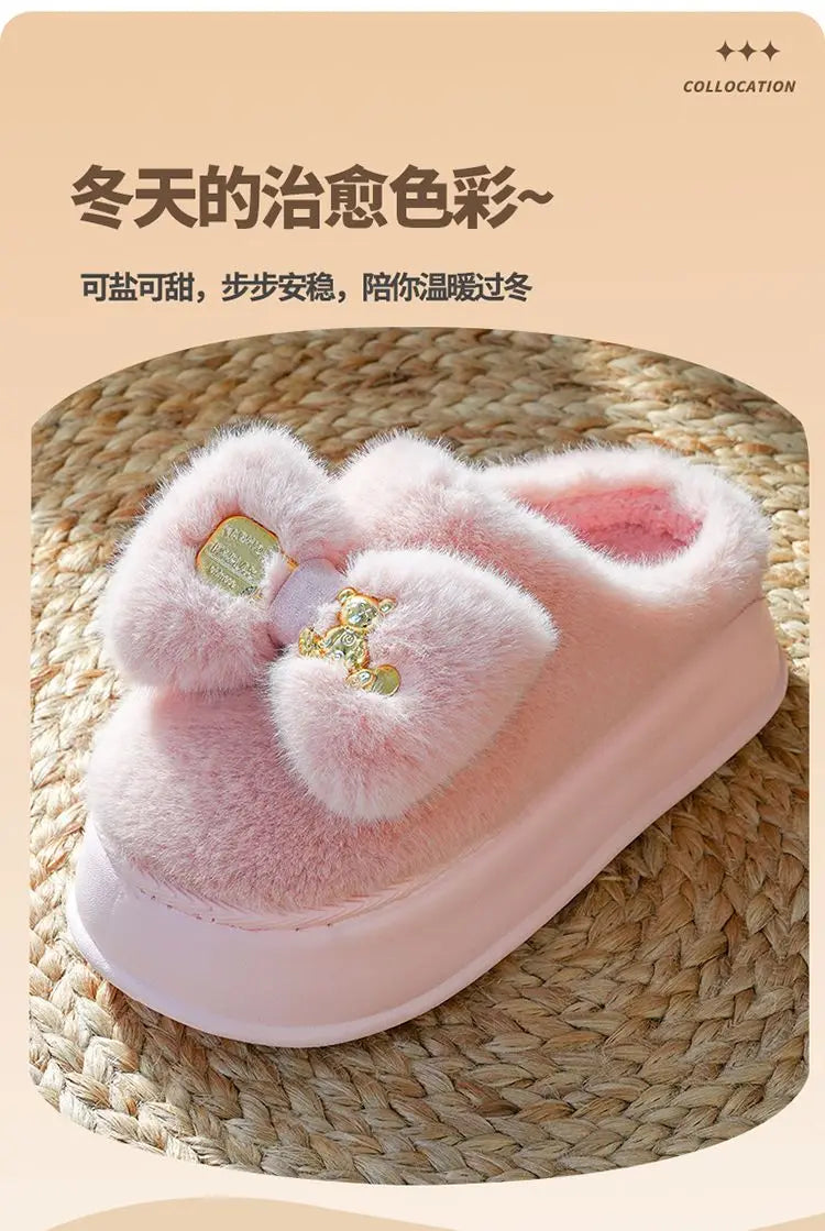 8 cm High platform fur slippers women's winter fluffy ear home shoes woman white bunny rabbit slippers woman house clog shoes