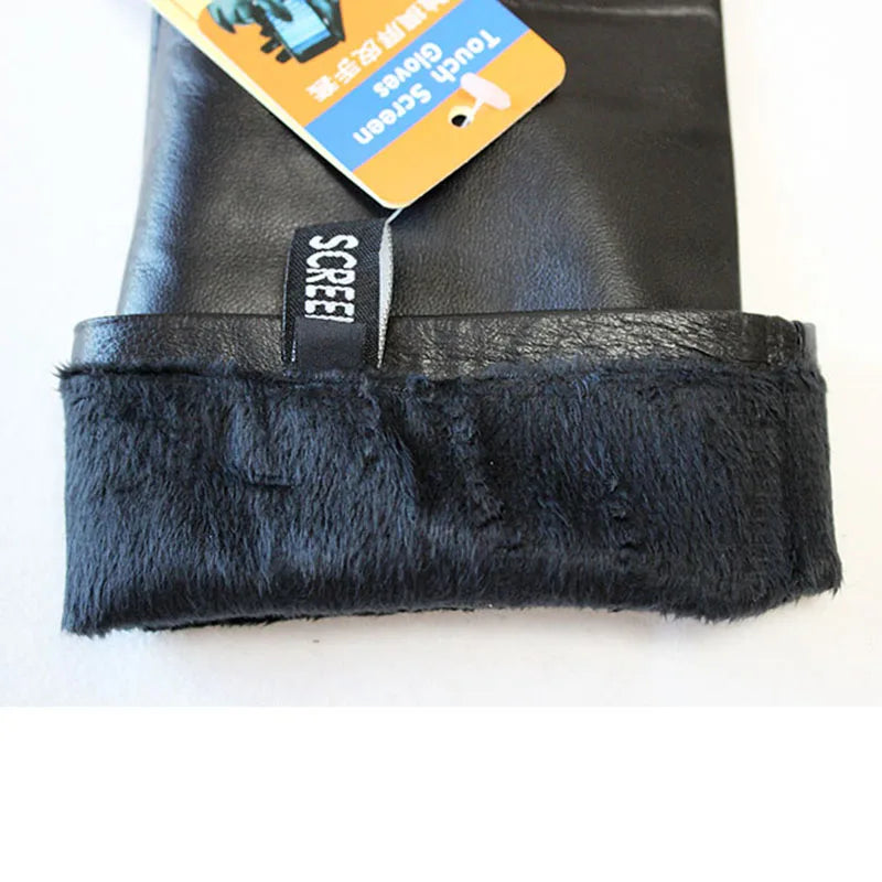 Touch Screen Extra Long Leather Sheepskin Gloves Women's Black Fashion Simple Straight Style Velvet Lining Winter Warm Sleeve
