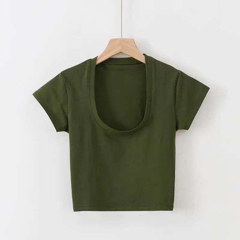 U-Neck Crop Top Solid Color Women Casual High Waist T Shirt Basic Sexy Streetwear Short Sleeve Slimming