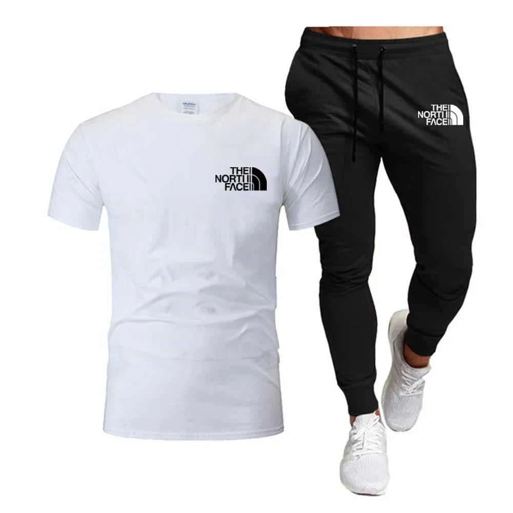 Summer 2025 Men Tops 100% Fashion Cotton Short Sleeve Long Sweatpants Streetwear 2 Piece Sets Men Clothing